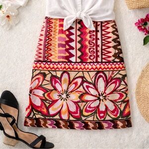 Nine West Linen Blend Skirt 8 Multicolor Geometric Floral Midi Coastal Y2K Boho